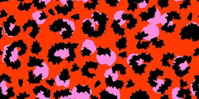 Bold seamless leopard print pattern with black and pink spots on a red background. Modern fashionable statement designs for digital paper, kids apparel, trendy textile vector