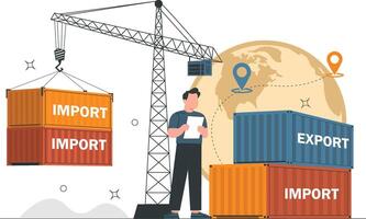Global Import Export Logistics Container Shipping Concept with Crane and World Map vector