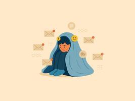 Overwhelmed by Notifications. Woman Hiding Under Blanket with Email Notifications. vector