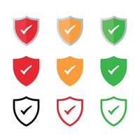Shield check mark icon set. Protection approve sign. Safe icon collection with green, orange and red color vector