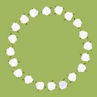 White Floral Wreath Illustration. Flat cartoon floral wreath made of small white roses on a green background. Decorative circular composition with soft botanical summer theme. vector