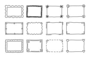 Set of hand drawn doodle frames, cute black and white sketch borders for design, simple illustration elements collection. vector