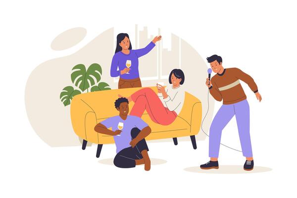Entertaining Friends Illustration with Singing, Talking, and Drinking at Home