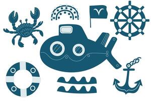 Fun underwater themed illustrations featuring a submarine, maritime symbols, and sea creatures in a colorful design. vector