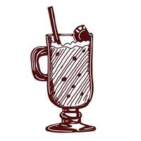 Black and white illustration of a warm chocolate drink with marshmallows and a straw. Hand-drawn in doodle style. Perfect for coloring pages, stickers, cafe menu design, prints vector