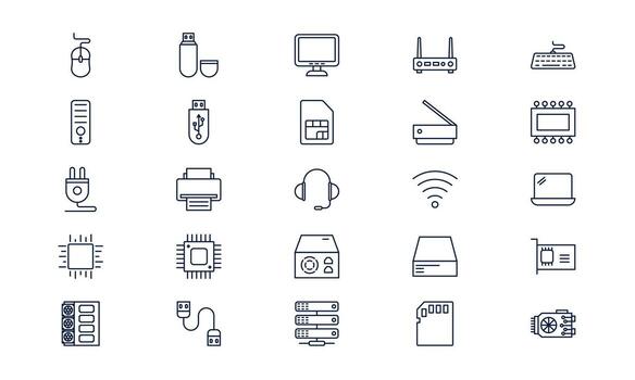 computadora componente símbolo ilustrando esencial hardware partes en limpiar moderno contorno estilo vector