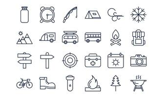 Camping icon showing outdoor activity with tent and nature in modern outline style vector