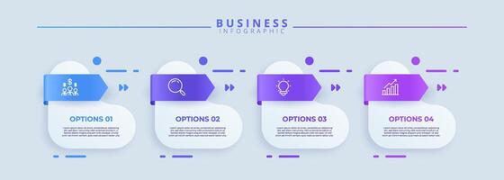 Infographic design with four steps and accompanying icons, crafted for business purposes. Suitable for presentations, banners, workflows, flowcharts, process overviews, and data visualization. vector