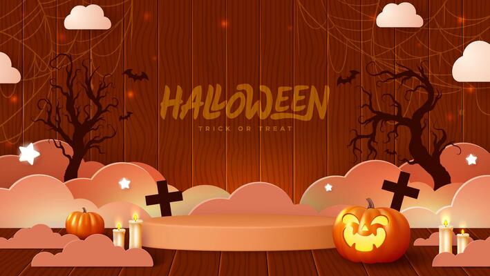 Creepy cartoon style Halloween scene featuring a wooden backdrop, spooky trees, glowing jack o lanterns, candles, crosses, bats, and web decorations. Ideal for posters, trick or treat invitations.