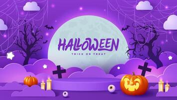 Dark background and podium Halloween banner template on spooky elements. Perfect as website background or Halloween themed banner design. vector