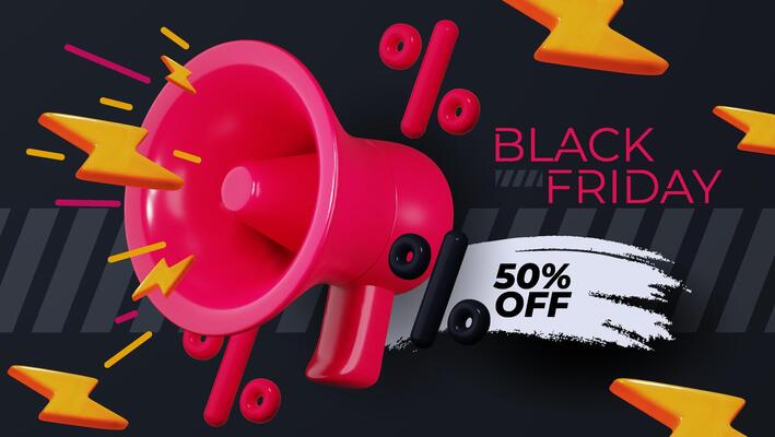 Black Friday fashion sale illustration featuring a megaphone on a dark background. 3D style flash sale design