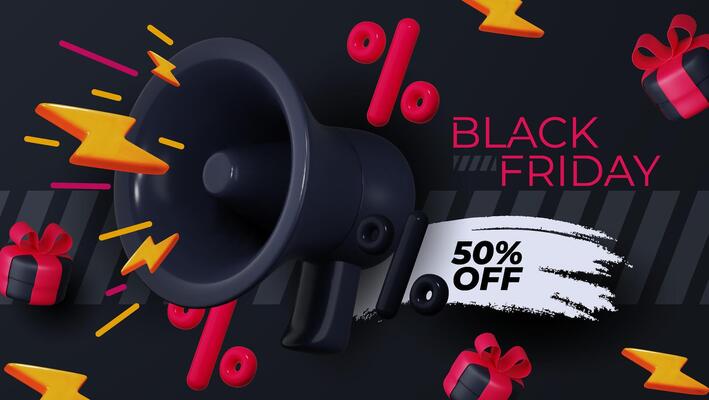 Black Friday fashion sale illustration featuring a megaphone on a dark background. 3D style flash sale design, ideal for business promotions and discount day advertising.