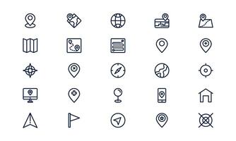 Map icon showing navigation, route direction, and geographic location in outline style vector