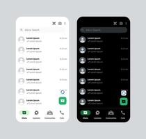 Chatting application light and dark theme user interface mockup template. Social network chat messaging app blank home page layout illustration vector