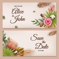 Realistic Wedding Invitation Horizontal Banner Set with Boho Style and Leaves vector