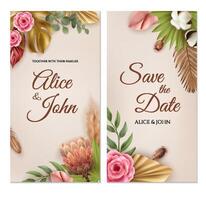 Realistic Wedding Invitation Vertical Banner Set with Boho Style and Leaves vector