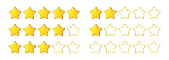 3D yellow star rating icons with filled and outline styles in a grid layout. Ideal for feedback systems, reviews, mobile apps, or UI elements. vector