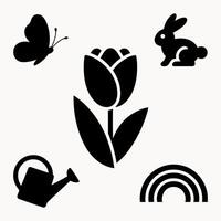A collection of simple black and white springtime icons featuring a tulip, butterfly, rabbit, watering can, and rainbow, perfect for spring-themed designs. vector