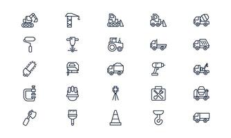 Construction icon illustrating building structure, development process, and engineering tools in outline style vector