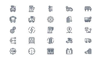 Electrical vehicle icon showing eco-friendly car with charging cable and battery in outline style vector