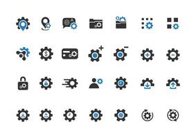 Modern Gear and Settings Icons Set, Flat Black and Blue UI Configuration Symbols for Technology, Software, App Interface, Security, Cloud Upload Download, and Preferences vector