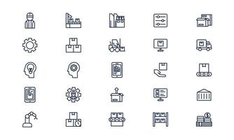 Mass production icon illustrating automated manufacturing and large-scale industrial process in outline style vector