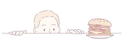 A Curious Young Child Peeking at a Delicious and Juicy Hamburger with Excitement and Joy vector