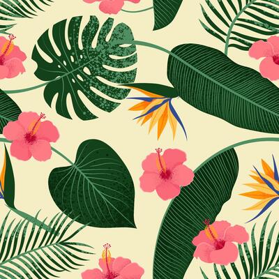 Tropical Leaves and Hibiscus, and Strelitzia Flowers seamless pattern. Illustration in trendy retro flat style