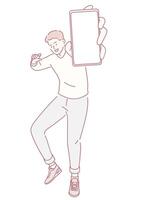 An Excited Young Man is Enthusiastically Showing His Smartphone in a Trendy Pose and Style vector