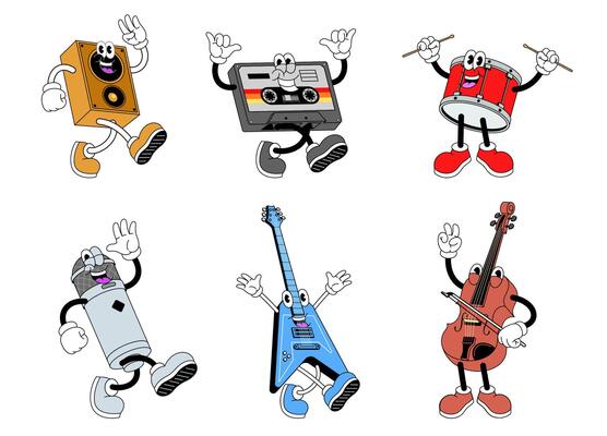 Set Of Happy Music Instrument Cartoon