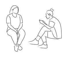 Work of a psychologist and a client with gadget addiction, sketch of seated female silhouettes vector