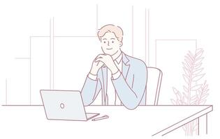 A confident professional at work, engaged with a laptop, showing career dedication and expertise vector