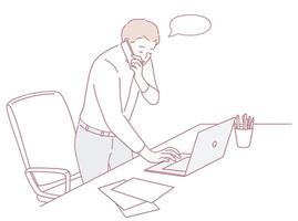 A businessman is actively working on his laptop while simultaneously talking on his phone vector
