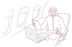 A Businessman Engaged in Work on His Laptop While Traveling on an Airplane High Above vector