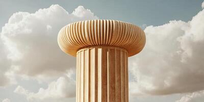 Close up of a beige column with a round top against a cloudy sky in a surreal composition photo
