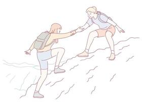 Two friends working together to assist each other in a challenging mountain climb adventure vector