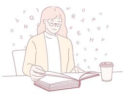 A person is engaged in reading while surrounded by floating letters and sipping coffee vector