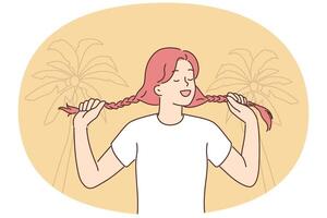 Young woman holding pigtails standing on beach with palm trees for metaphor for inner child vector