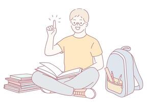 A student deeply engrossed in reading a book while having a backpack with stationery items vector