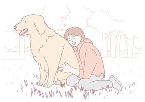 A Joyful and Heartwarming Connection Between a Young Girl and Her Golden Retriever in Nature vector