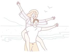 Enjoying a Joyful Beach Day with Closest Friends in a Wonderful Playful Moment Together vector