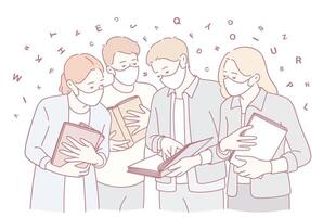 A Group of People Actively Engaged in Various Learning Activities While Wearing Masks vector