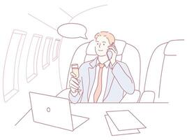 A successful businessman on a luxurious private jet, enjoying a drink and focusing on tasks vector