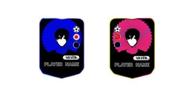 Two vertical anime football player card templates with abstract radial backgrounds, national flags, and placeholder names. Isolated on white. vector