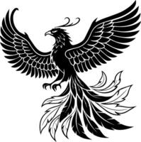 Silhouette phoenix rising with flaming tail and large wings, bold black layout suitable for icons, tattoos, and mythical style vector