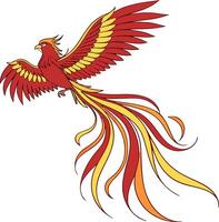 Flying phoenix with glowing flames in red-orange blend, bold pose and bright wings for mythology, tattoo, or fantasy design vector