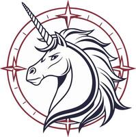 Circular unicorn head crest with bold symmetry and clean lines, modern flat layout great for fantasy logos vector