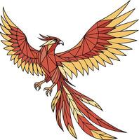 Geometric phoenix in low poly triangle shapes, red-yellow gradient wings open wide, modern mythical creature for abstract art vector