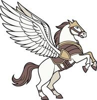 Armored battle-ready pegasus in bold comic style, dynamic pose design for fantasy games and hero posters vector