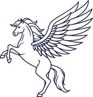 Minimalist pegasus line sketch with wings and flowing mane, simple black and white design for clean tracing vector